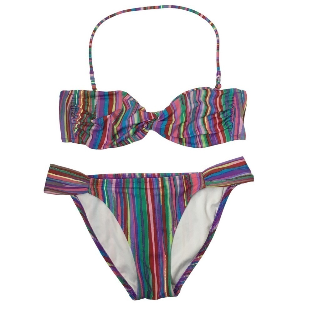 VICTORIAS SECRET Bikini Halter Twist Top Ruched Bottoms Stripe Multicolor Medium